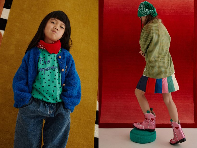 A gauche, Miki porte un gilet et un sweat The Campamento, un jean Goldie + Ace & Mélie porte une chemise Piupiuchick, une jupe Bobo Choses et des santiags Maison Mangostan - Doolittle