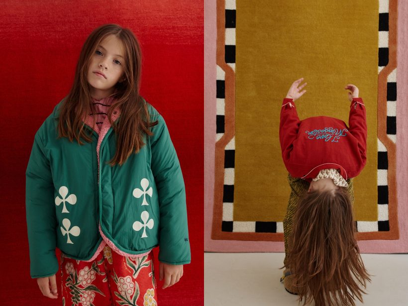 A gauche, Mélie porte une doudoune Bobo Choses, un sous-pull The Campamento & un pantalon Maison Mangostan, à droite elle porte une chemise Coco Au lait, une veste Maison Mangostan et un pantalon Piupiuchick - Doolittle