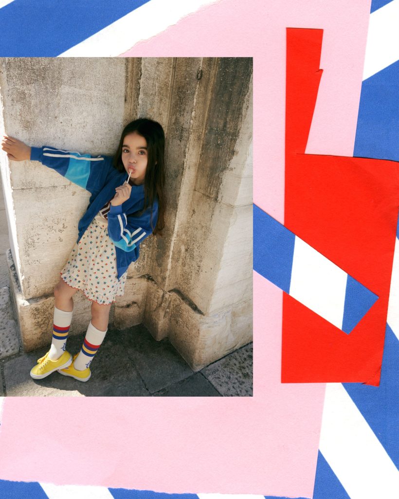 Anna Emy : T-shirt Bobo Choses, Veste zippée bleue et jupe The Campamento, Chaussettes Wynken, Chaussures Superga  - Doolittle