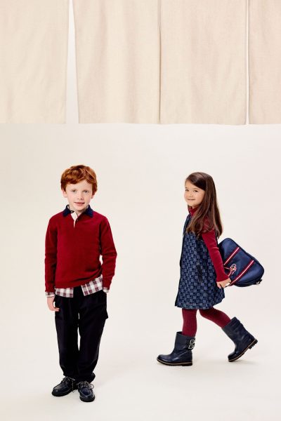 Marius : pull, chemise, pantalon & derbies BONPOINT et Junon robe sans manches, sous-pull, collants, bottes & sac bowling BONPOINT - Doolittle